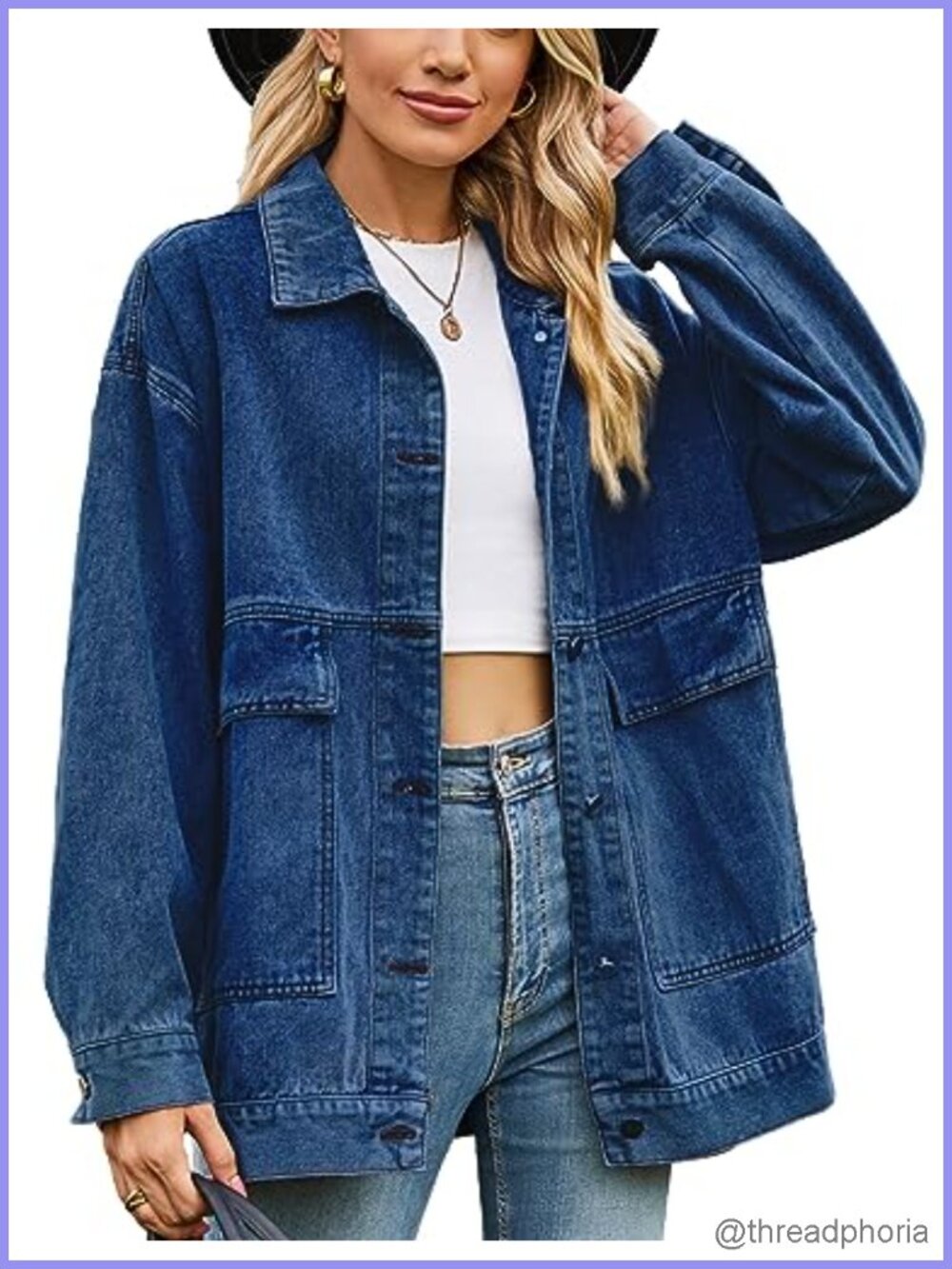 Vintage Distressed Oversized Denim Jacket Shacket for Women Long Sleeve Button